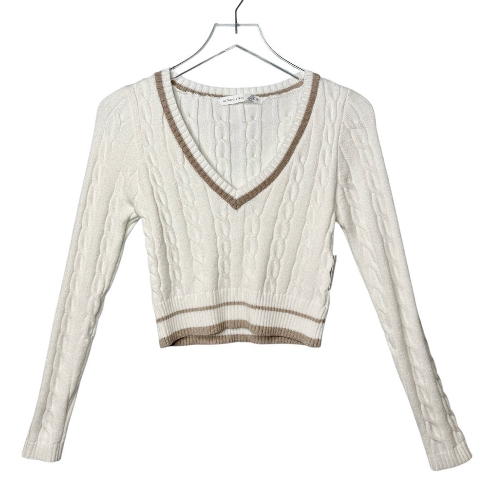 NEW Altar’d State Ivory Mocha V Neck Cable Knit Women’s Collegiate Sweater Sz S